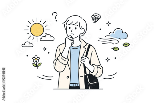 Uncertain spring outfits. A person wearing a light coat over a thin sweater, sleeves slightly pushed up, standing between sun and breeze.