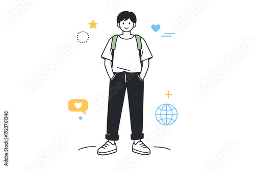 Gender-neutral presentation. An androgynous character stands calmly, wearing simple neutral clothing with balanced shapes and posture. Focus on inclusivity and