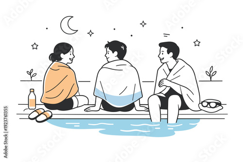 Night swimming experiences. Friends resting by the pool edge after a swim, towels wrapped around shoulders and quiet conversation. Intimate