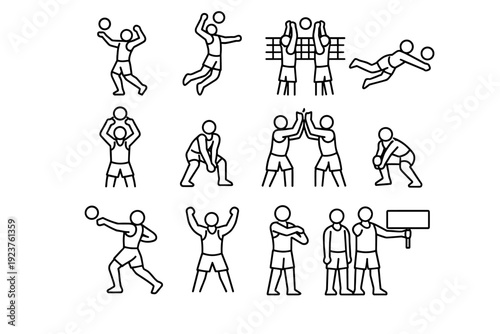 Beach volleyball players. Line icon set of Beach volleyball players: serve stance, spike jump, block pose, dive save, set hands, ready position, teamwork high
