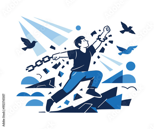 Freedom and dignity. Individual breaking free from abstract barriers, birds and light rays