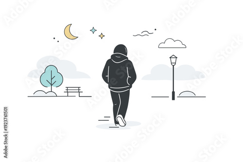 Weather as mood. Foggy environment with a person walking slowly, surroundings simplified and muted. Uncertainty, calm introspection, and emotional quiet.