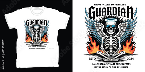 Skeleton guardian with wings halo and flames text from fallen to fearless guardian