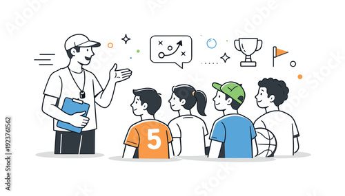 Coach guiding team practice. A coach stands in front of a small sports team, giving instructions while players listen attentively, with