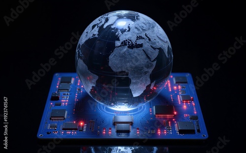 Wallpaper Mural Globe rests on glowing circuit board symbolizing global digital Torontodigital.ca