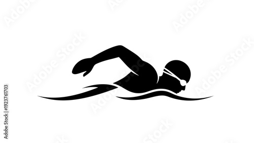Swimmer in Action, Silhouette Style, Isolated on White Background
