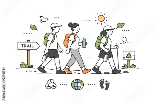 Eco-friendly hiking. A small group hiking with reusable bottles and light backpacks, following a marked trail respectfully. Peaceful outdoor
