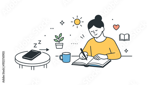 Offline Presence. Intentional phone use habits. A lifestyle scene showing a phone placed away while a person reads a book or writes in a notebook. Choosing