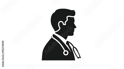 Male Doctor Silhouette with Stethoscope on White Background