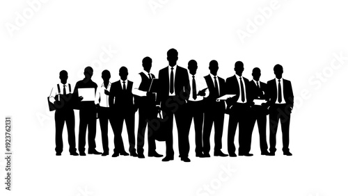 Business Professionals in Suits Standing Together, Holding Documents and Briefcases, Silhouette Illustration