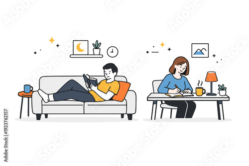 Families coexisting quietly. Family members at home in the evening, one on a sofa, another at a table, calm postures. End-of-day stillness, relaxed
