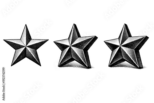 Halftone star badge A star-shaped badge shown in front view, angled view, and three-quarter view emphasizing sharp geometry. Black and white
