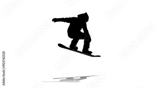 Snowboarder in mid-air jump silhouette on white background