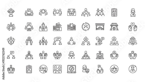 Collection of Business and Communication Icons in Line Style on White Background