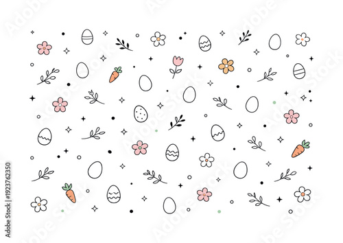 Cute Easter egg and flower pattern with carrots and leaves on white background
