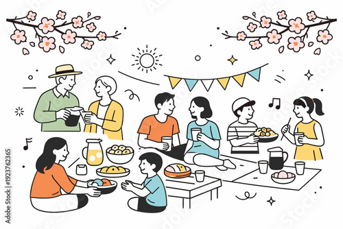Spring neighborhood traditions. Locals gather outdoors for a small seasonal celebration, sharing food and conversation under flowering branches. The