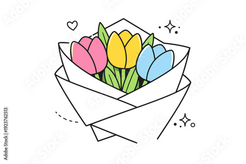 Tulips wrapped in paper close-ups as abstract floral form. Simplified tulip heads and paper shapes fill the frame, focusing on rhythm and balance. Clean,