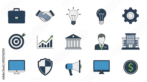 Business Icons Set: Briefcase, Handshake, Light Bulb, and More
