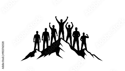 Silhouetted Business Team Celebrating Success on Mountain Peak