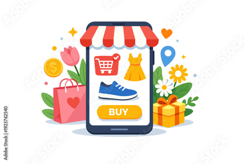 Spring Shopping Screen. Spring shopping concept represented by a mobile phone screen with shopping icons and blooming flowers, expressing modern online