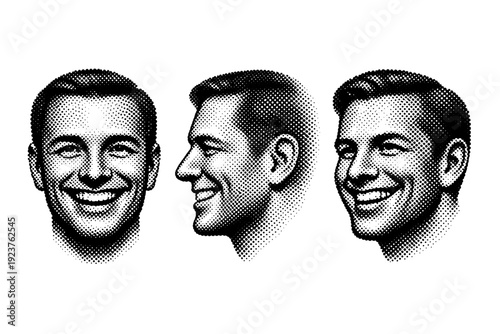 Black and white pop art face smiling expression A human face with a smiling expression is presented as one object shown from three different