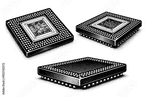 Processor Die Views. Microchip / processor ? processor die package. A single processor die package displayed in three views showing exposed top surface, angled