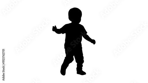 Silhouetted Child Walking with Outstretched Arms Against White Background