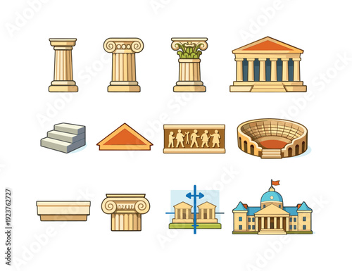 Collection of ancient Greek and Roman architectural elements and buildings