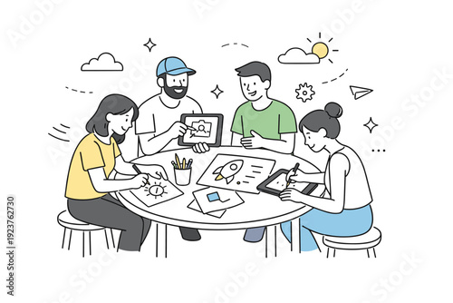 Creative brainstorming outdoors. Team gathered around a small table outside, sketching ideas on paper and tablets. Open-air creativity with relaxed focus and