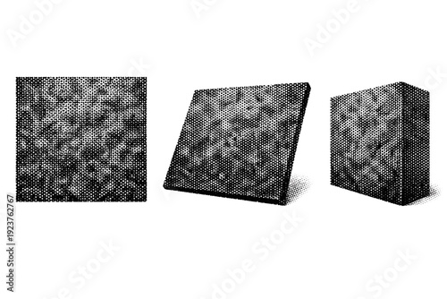 Stipple texture print noise A stipple print noise texture sample is shown as one object from three different views: front view, angled