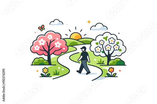 Morning walk in spring park gentle movement along a winding path with blooming trees and soft sunlight, expressing mindfulness, balance and a fresh start to