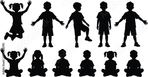 Set of children silhouettes, boys and girls jumping, standing, and sitting in cross-legged poses, isolated on white background, for kids design