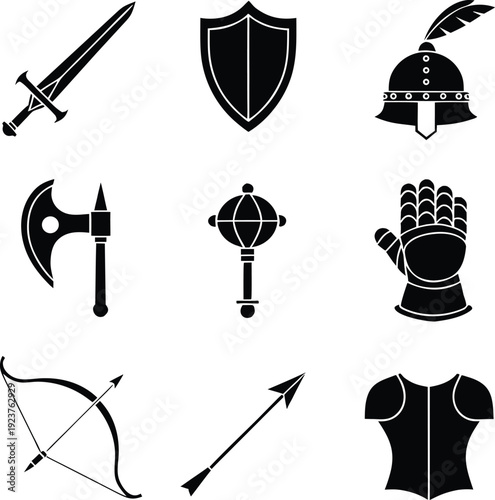 Black and white medieval armor and on white background sword shield helmet
