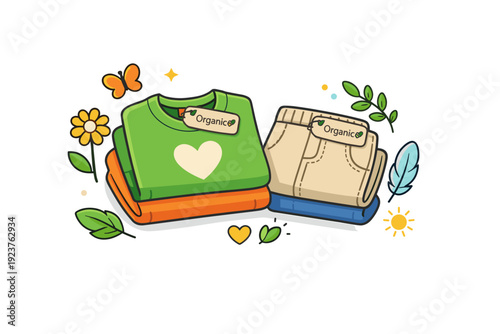 Eco-Friendly Kids' Apparel. Eco-friendly materials in children?s clothing folded t-shirts and pants labeled with organic fabric tags and gentle