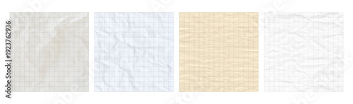 vintage crumpled square grid checkered paper texture overlay set. wrinkled graph notebook background pages collection in beige blue yellow and white tones. blank empty template mockup