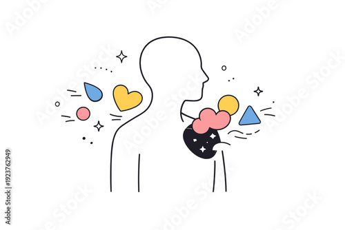 Emotional Journey Illustration. Emotional storytelling with people. Abstract scene where emotions are represented as shapes gently leaving or entering a human