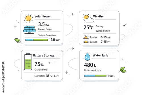 Sustainable off-grid lifestyle interface. Floating dashboard cards showing renewable energy stats, weather input, and storage status, representing harmony with