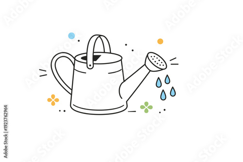 Minimalist Watering Can Design. Watering can outline illustration. A simple watering can drawn with clean thin lines, standing alone with a few water drops