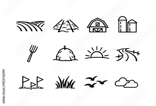 Warm agricultural scenery. Line outline icon set of Warm agricultural scenery: crop rows,
