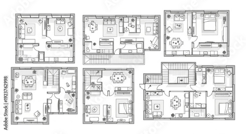 Detailed architectural floor plans showcasing various residential layouts and designs.