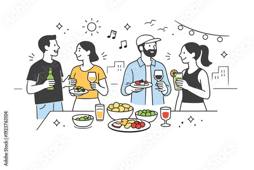 Spring rooftop leisure gatherings ? drinks and light snacks. A friendly scene with people holding glasses or small plates, simple snacks on a