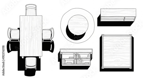 Overhead view of a dining table with chairs and a side table, minimalist design.