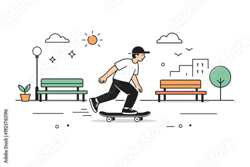 Skateboarding in urban plazas. Open plaza scene with skater rolling past benches and minimal city elements. Calm urban rhythm and spontaneous street culture