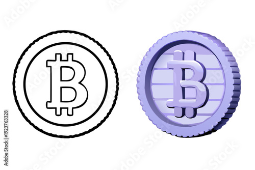 Bitcoin Icon - Cryptocurrency Coin and Digital Finance 3D and Outline Vector