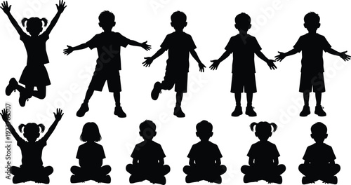 Set of children silhouettes, boys and girls jumping, standing, and sitting in cross-legged poses, isolated on white background, for kids design