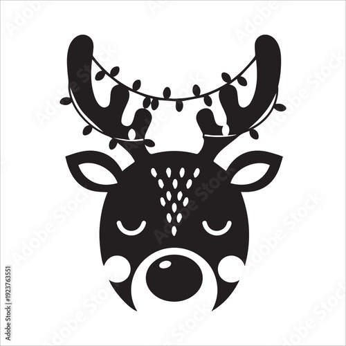 Cute Black Reindeer Head with Christmas Lights on Antlers, Festive Holiday Character