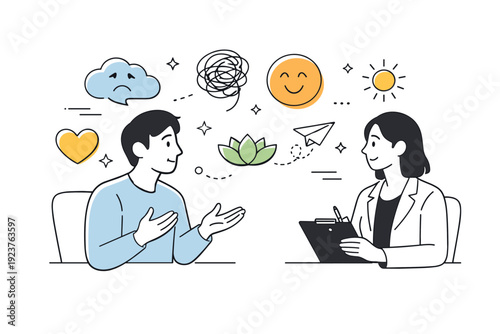 Mental health consultation. A person sharing thoughts while abstract emotion icons and shapes appear softly around them. The mood highlights understanding,