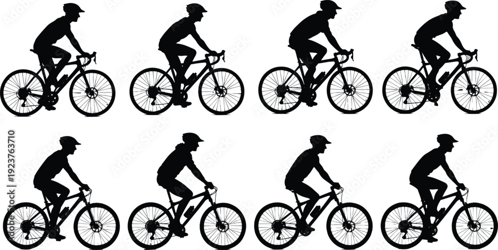 Fototapeta premium Set of cyclist silhouettes, mountain bike and road bicycle riders in various racing positions, isolated on white background, for sports design