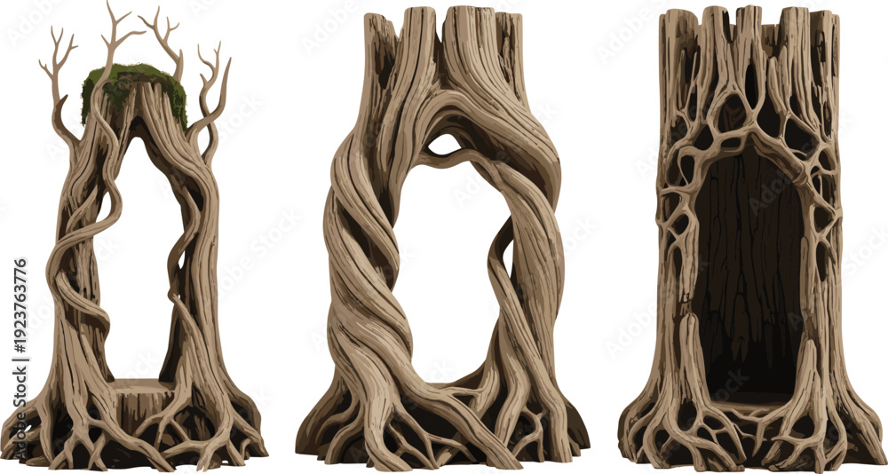 Naklejka premium Fantasy Tree Trunk Portal Vector Illustration Set with Twisted Roots, Hollow Wooden Doorways, and Enchanted Forest Frame Design Elements