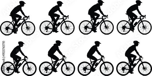 Set of cyclist silhouettes, mountain bike and road bicycle riders in various racing positions, isolated on white background, for sports design